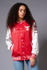 666 Imagination Printed Red & White Varsity Jacket for Women - Go Devil