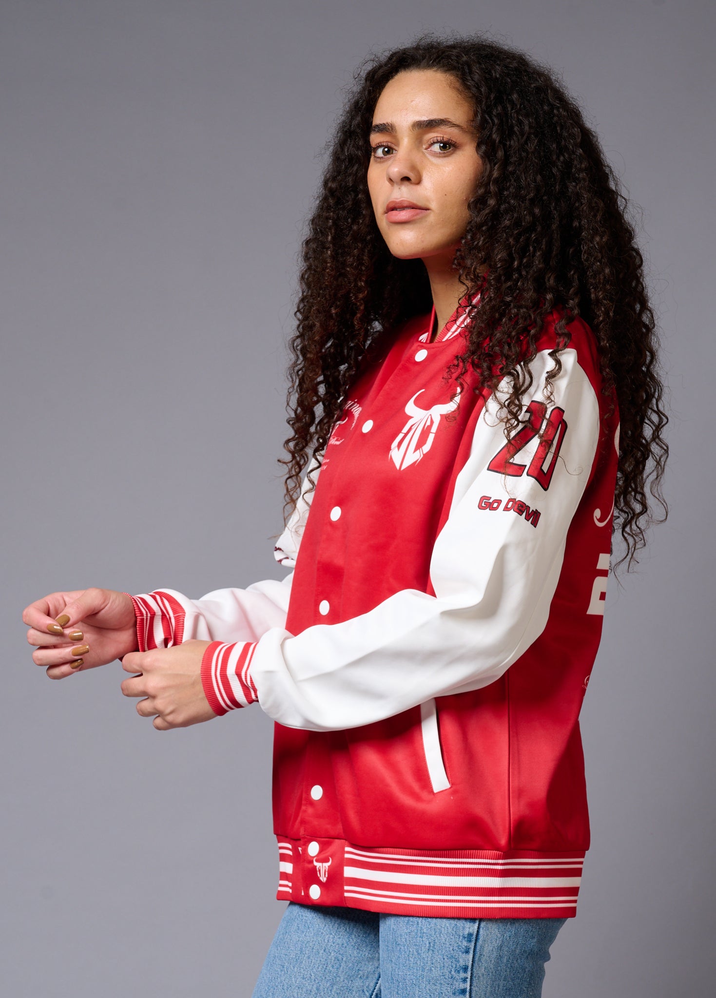 666 Imagination Printed Red & White Varsity Jacket for Women - Go Devil