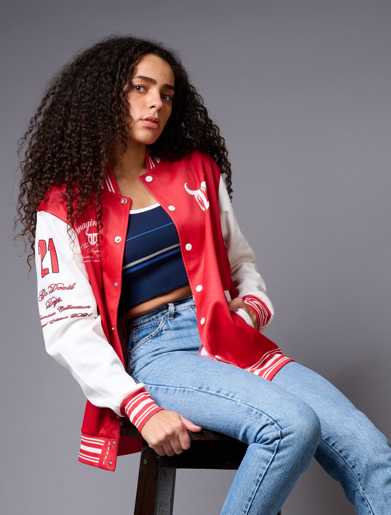 666 Imagination Printed Red & White Varsity Jacket for Women - Go Devil