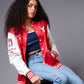 666 Imagination Printed Red & White Varsity Jacket for Women - Go Devil