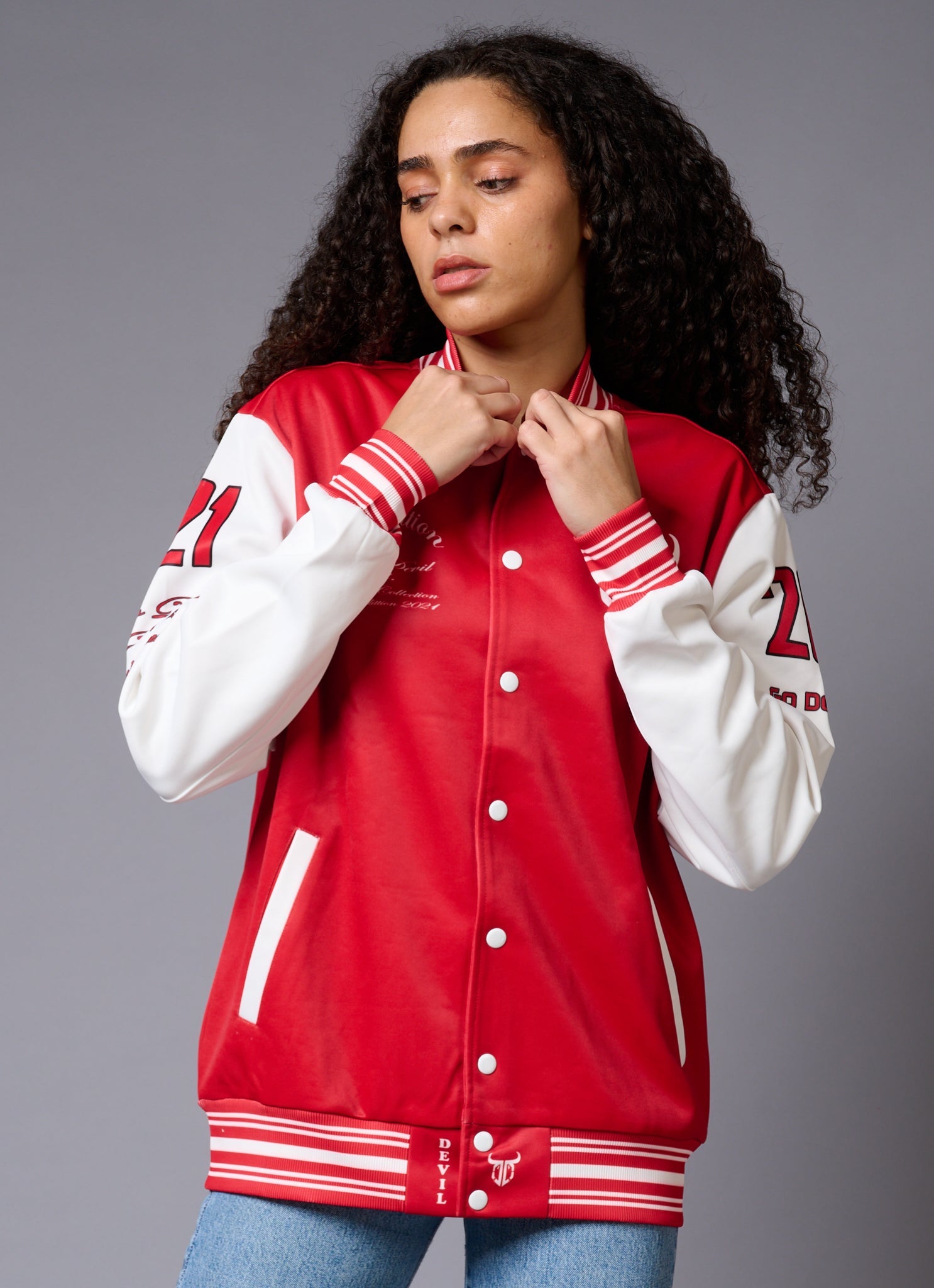 666 Imagination Printed Red & White Varsity Jacket for Women - Go Devil