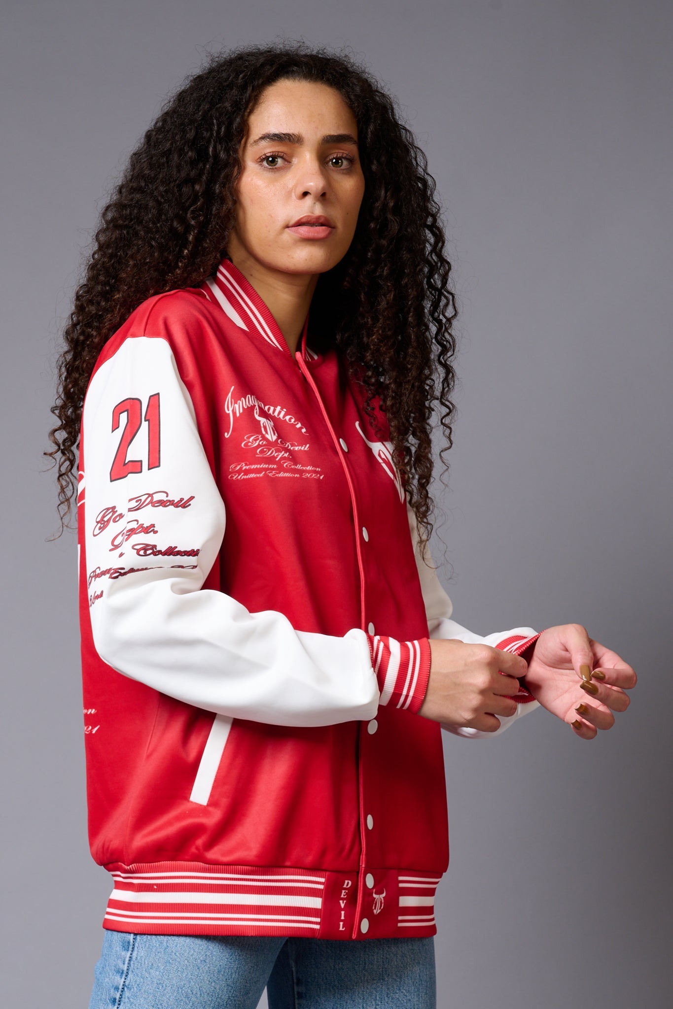 666 Imagination Printed Red & White Varsity Jacket for Women - Go Devil