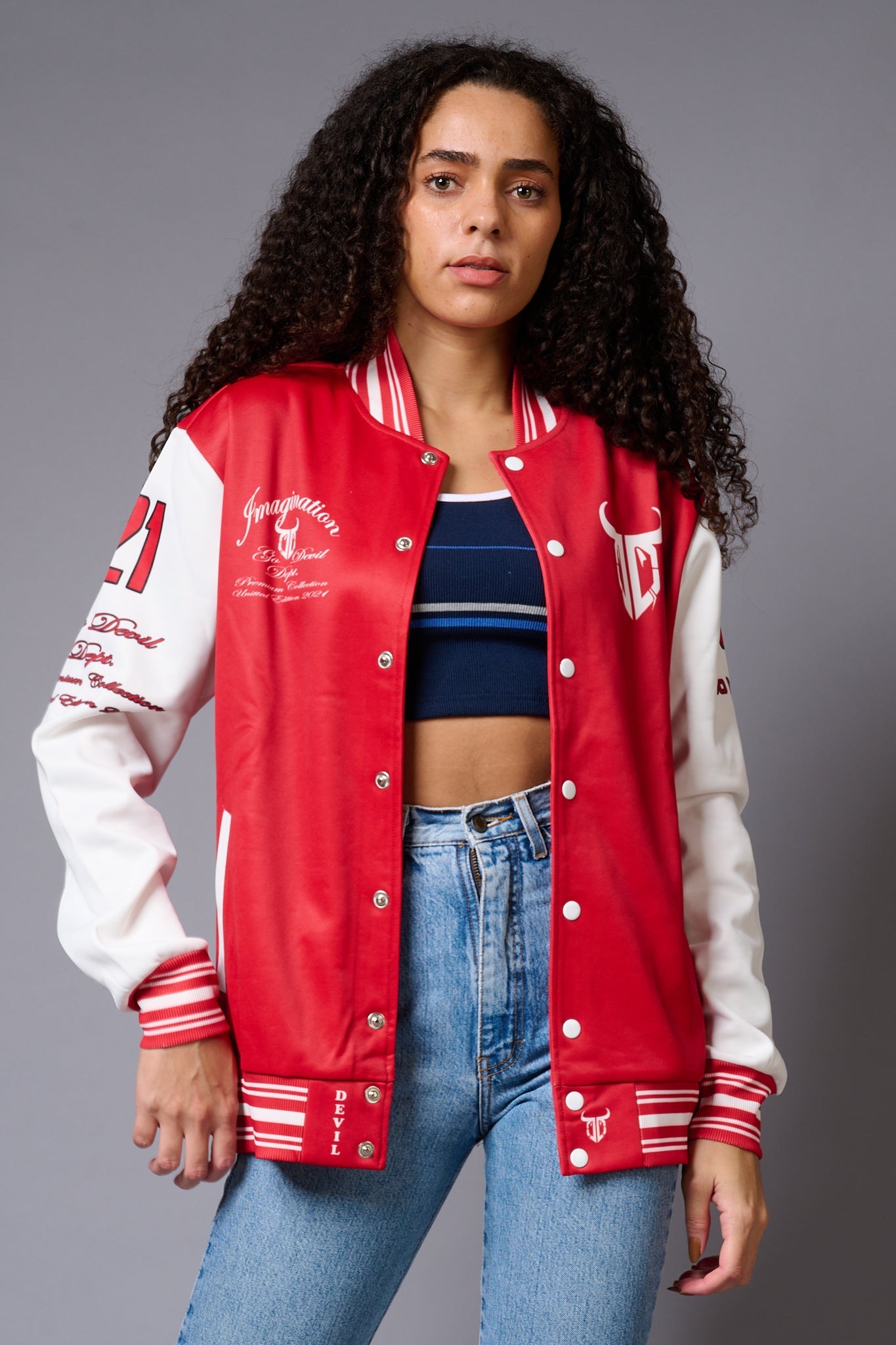 666 Imagination Printed Red & White Varsity Jacket for Women - Go Devil