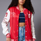 666 Imagination Printed Red & White Varsity Jacket for Women - Go Devil