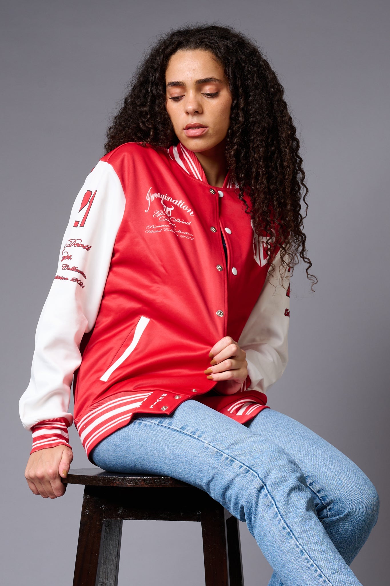 666 Imagination Printed Red & White Varsity Jacket for Women - Go Devil