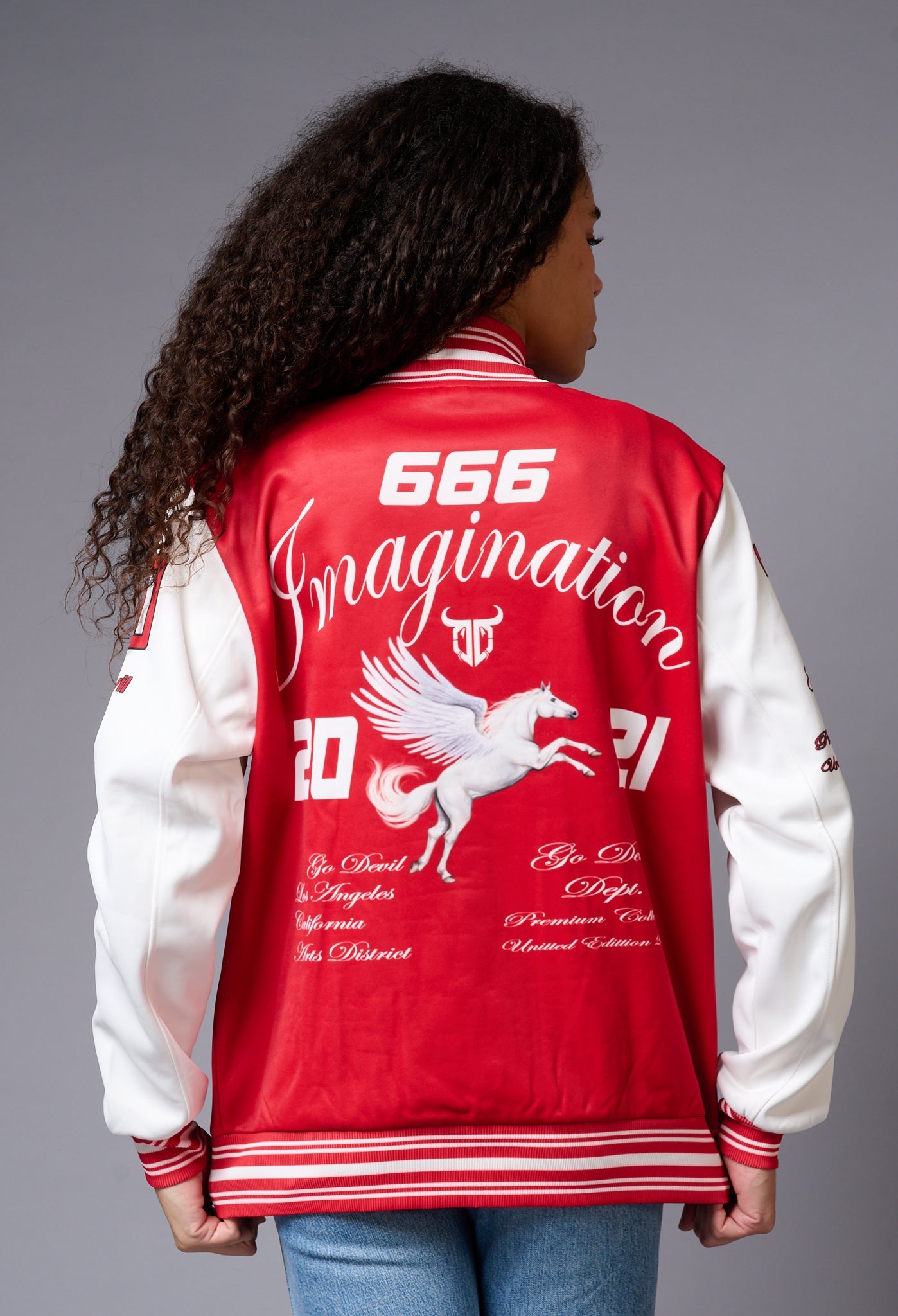 666 Imagination Printed Red & White Varsity Jacket for Women - Go Devil