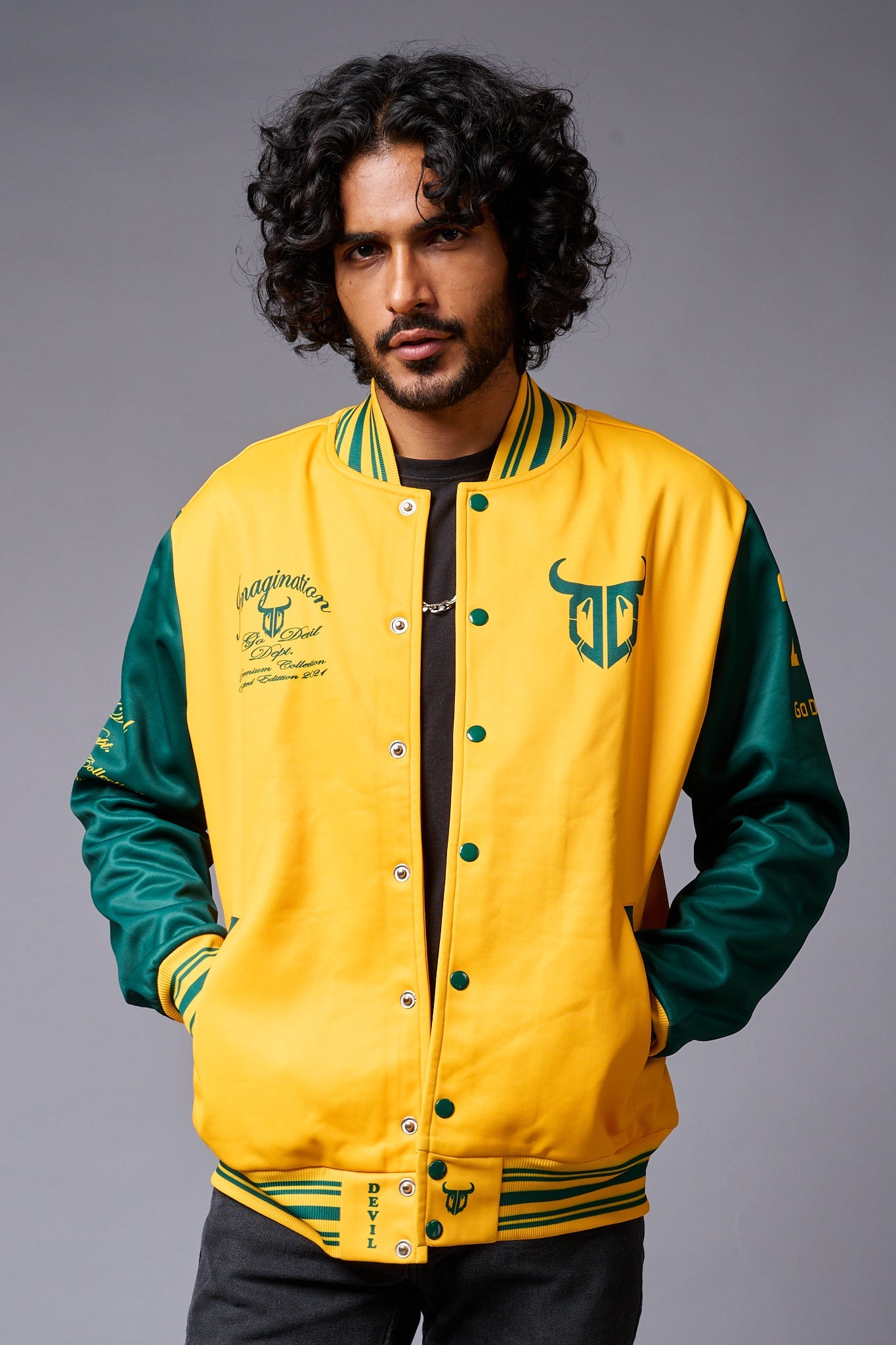 666 Imagination Yellow & Green Varsity Jacket for Men - Go Devil