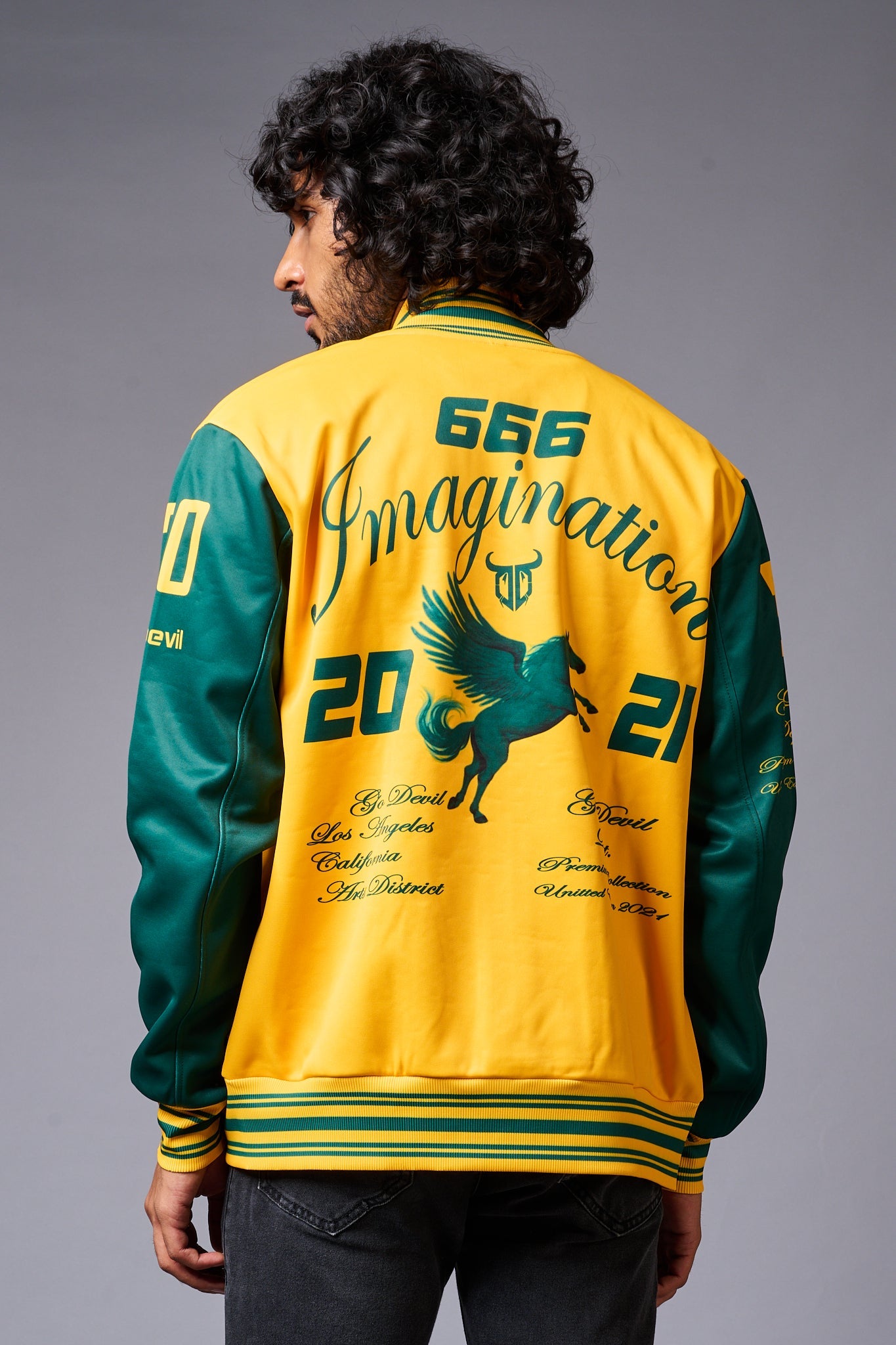 666 Imagination Yellow & Green Varsity Jacket for Men - Go Devil