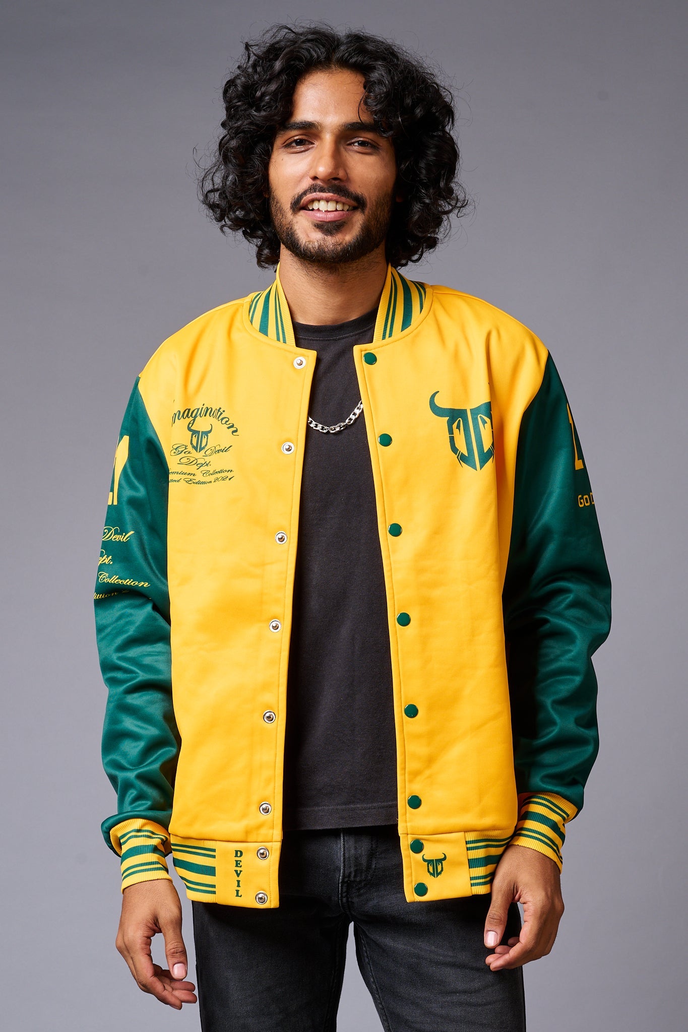 666 Imagination Yellow & Green Varsity Jacket for Men - Go Devil