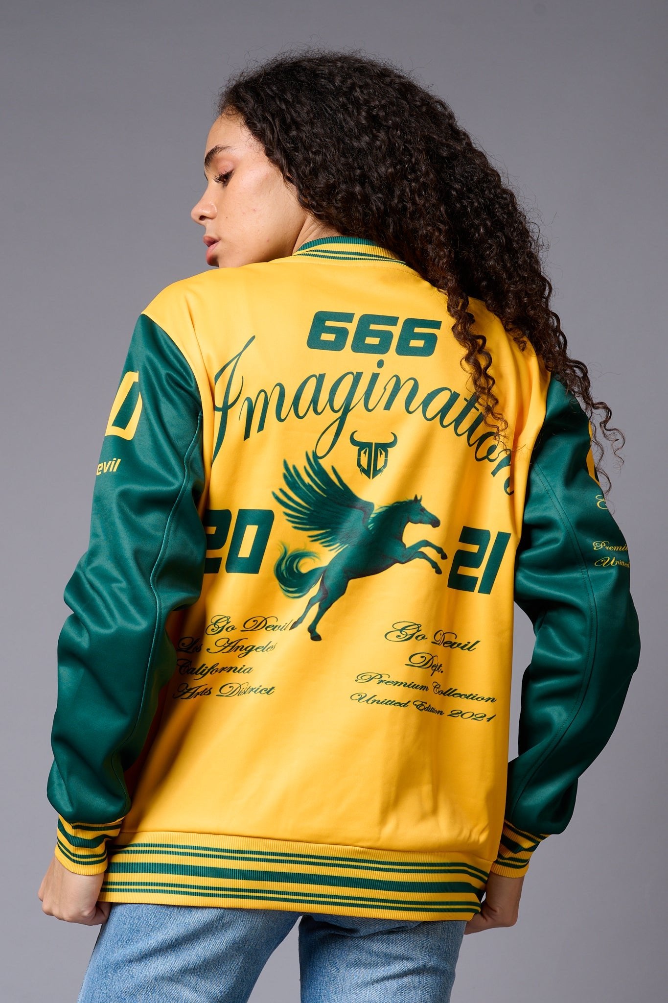 666 Imagination Yellow & Green Varsity Jacket for Women - Go Devil