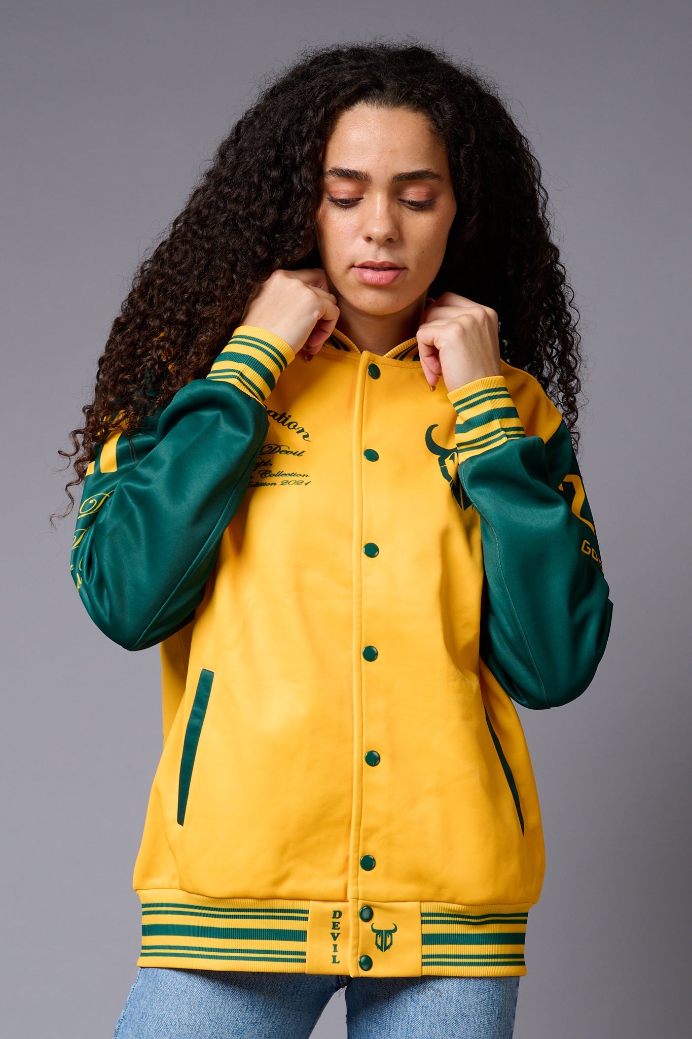 666 Imagination Yellow & Green Varsity Jacket for Women - Go Devil