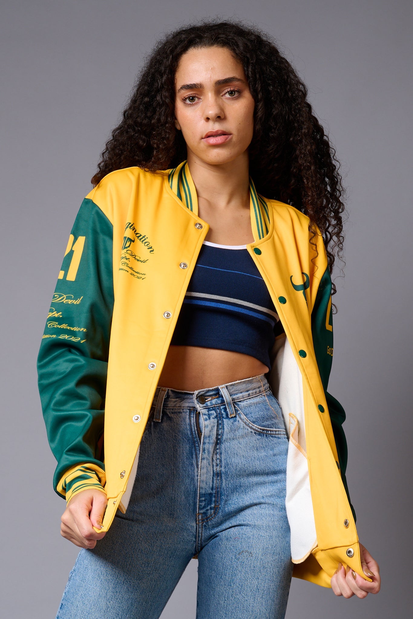 666 Imagination Yellow & Green Varsity Jacket for Women - Go Devil