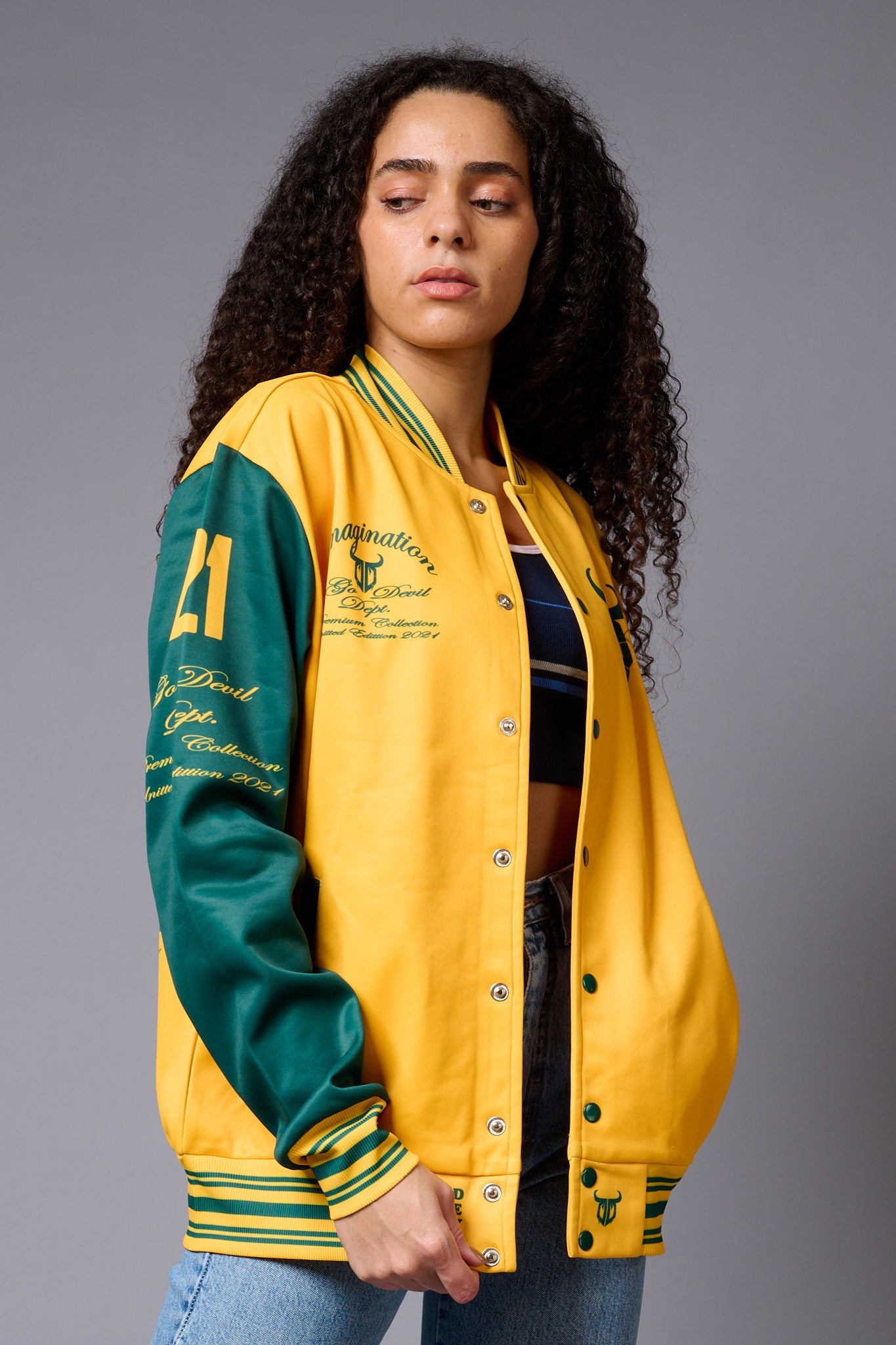 666 Imagination Yellow & Green Varsity Jacket for Women - Go Devil
