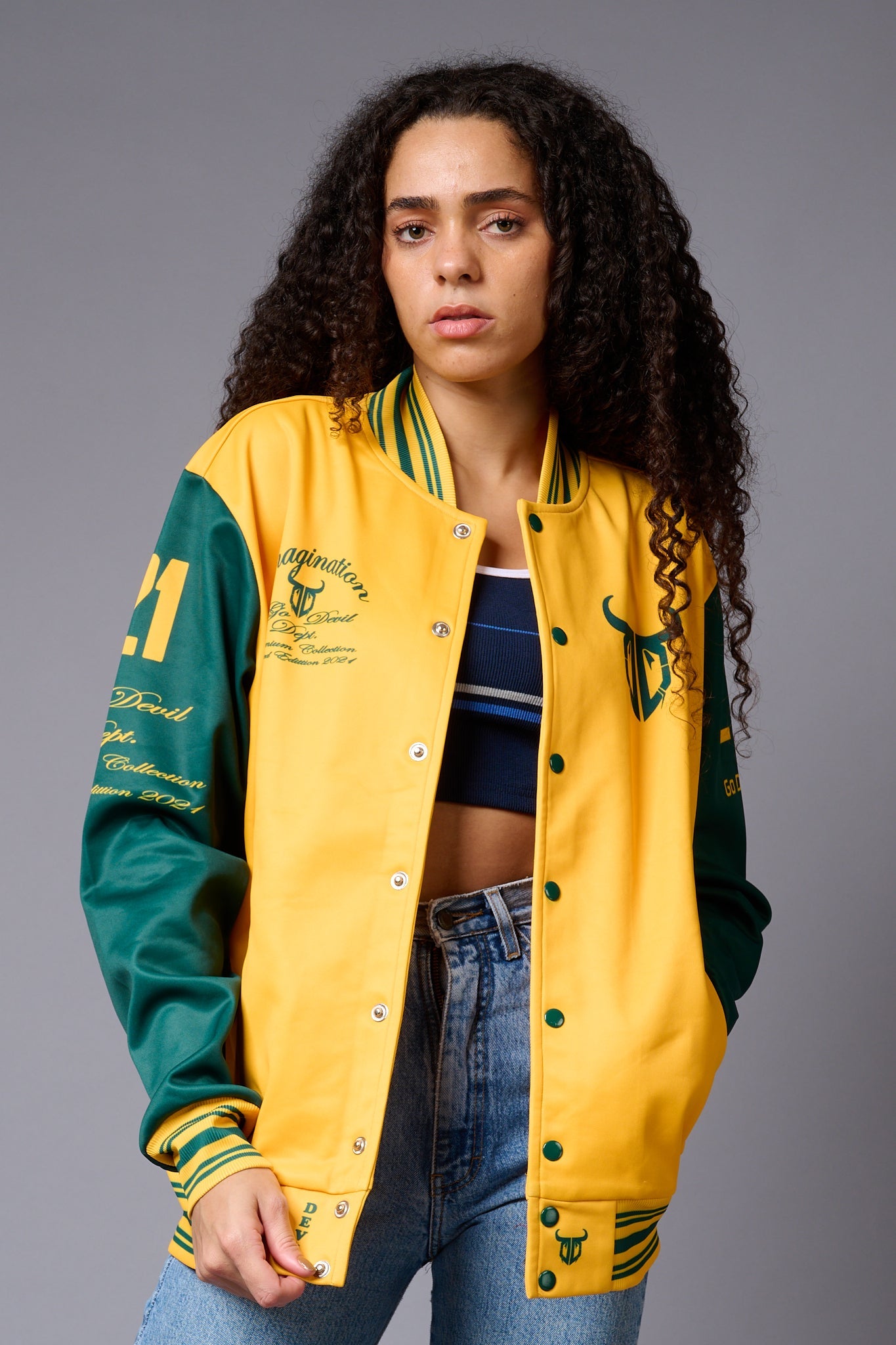 666 Imagination Yellow & Green Varsity Jacket for Women - Go Devil