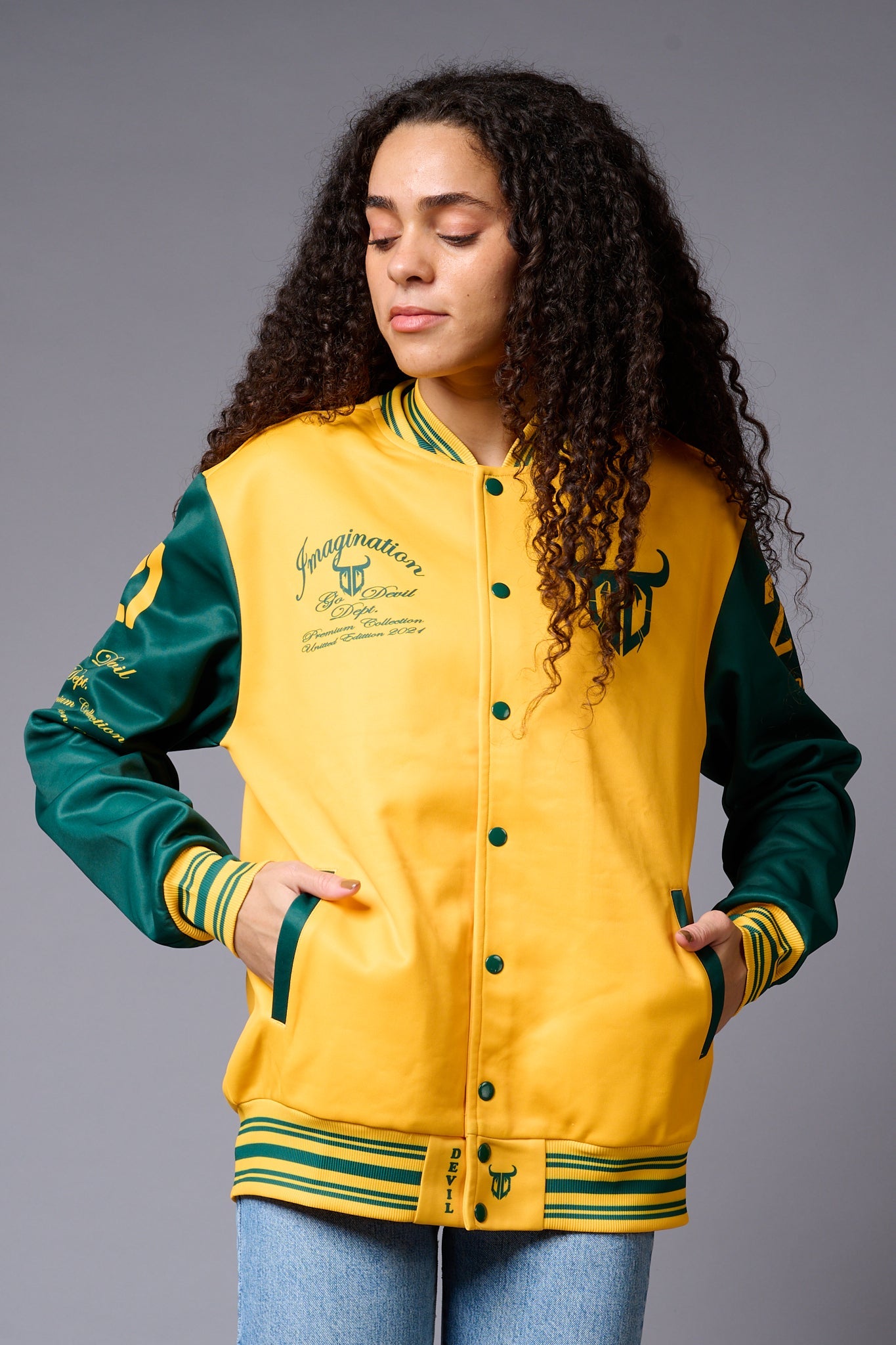 666 Imagination Yellow & Green Varsity Jacket for Women - Go Devil