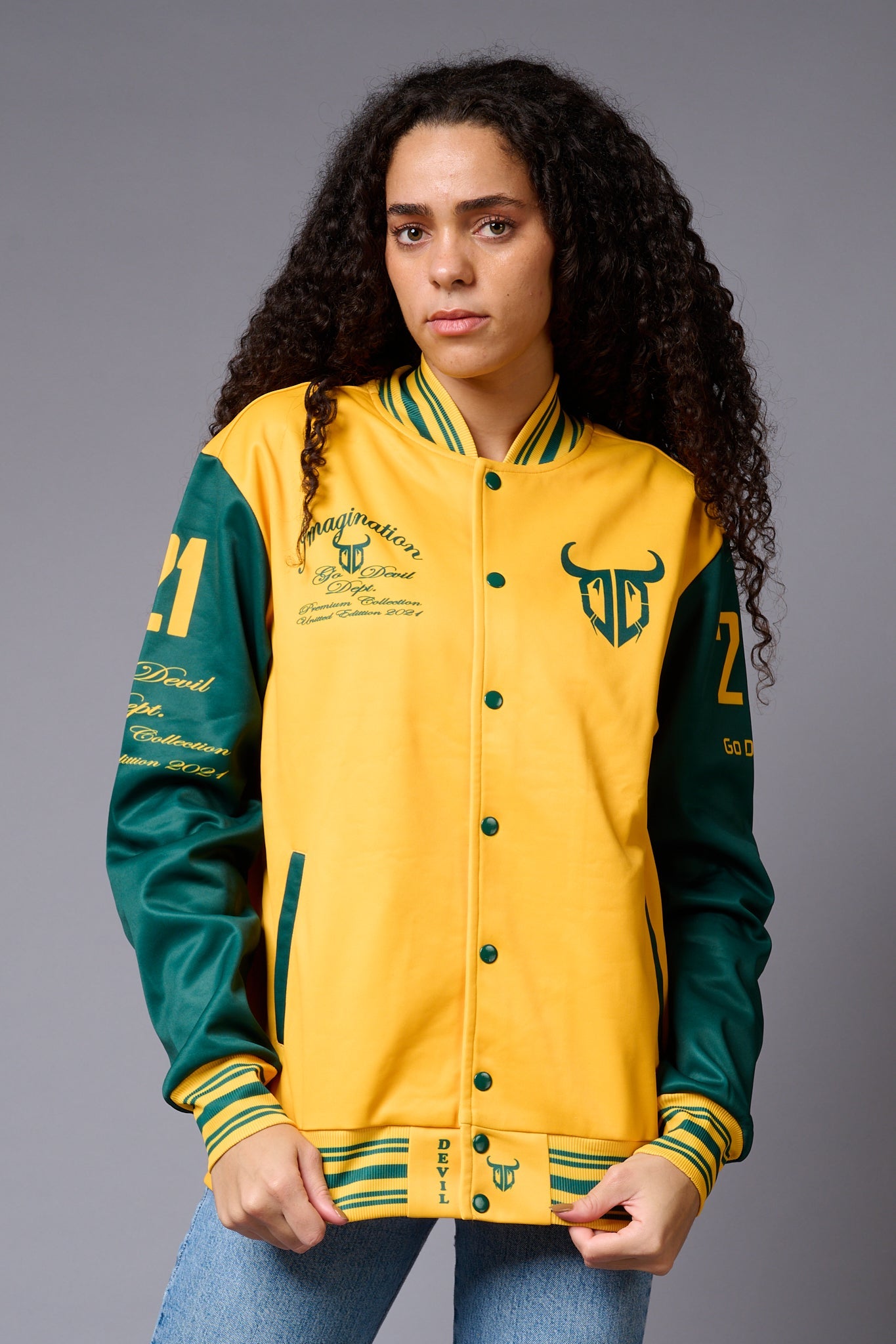 666 Imagination Yellow & Green Varsity Jacket for Women - Go Devil