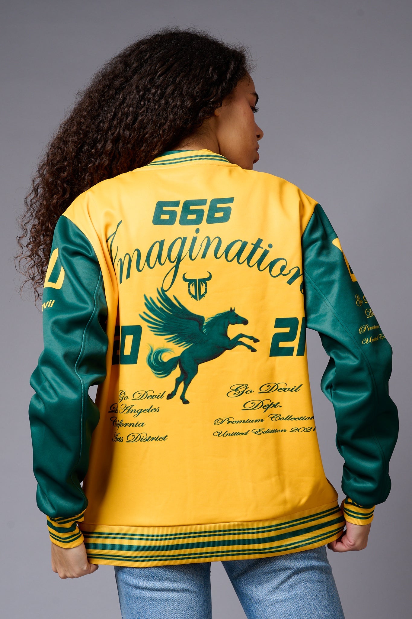 666 Imagination Yellow & Green Varsity Jacket for Women - Go Devil