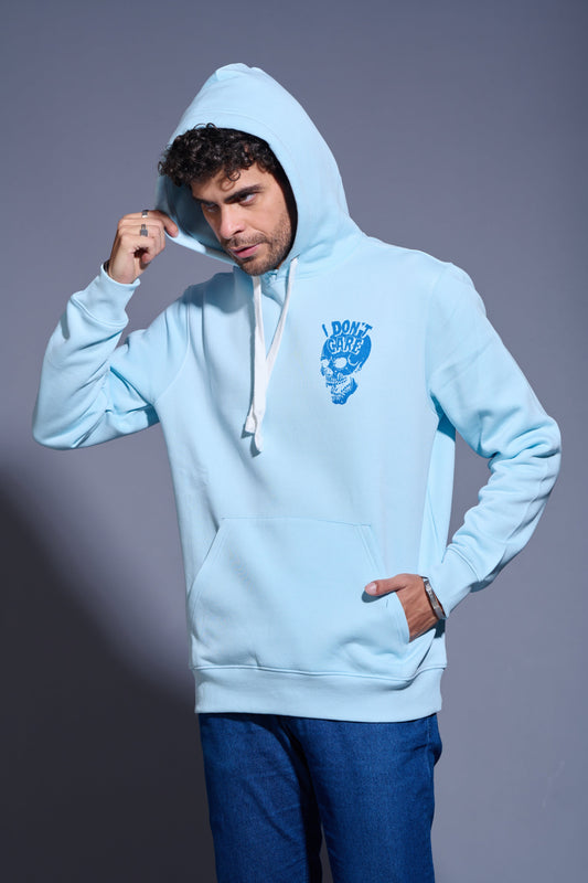 I Don't Care with Skull Printed Sky Blue Hoodie for Men