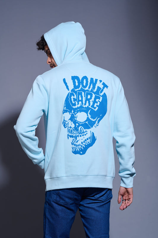 I Don't Care with Skull Printed Sky Blue Hoodie for Men