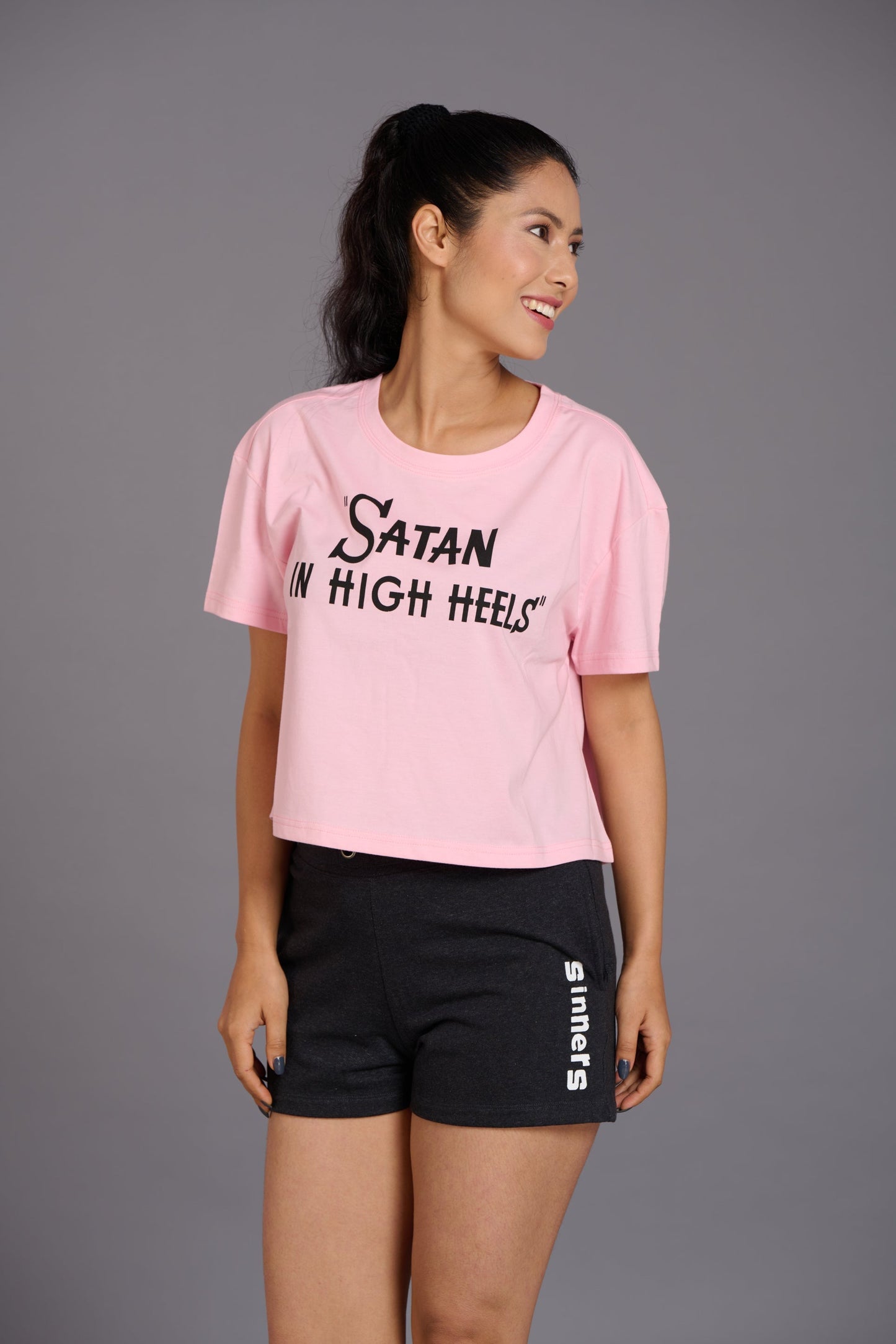 Satan In High Heels Printed Pink Oversized T-Shirt for Women