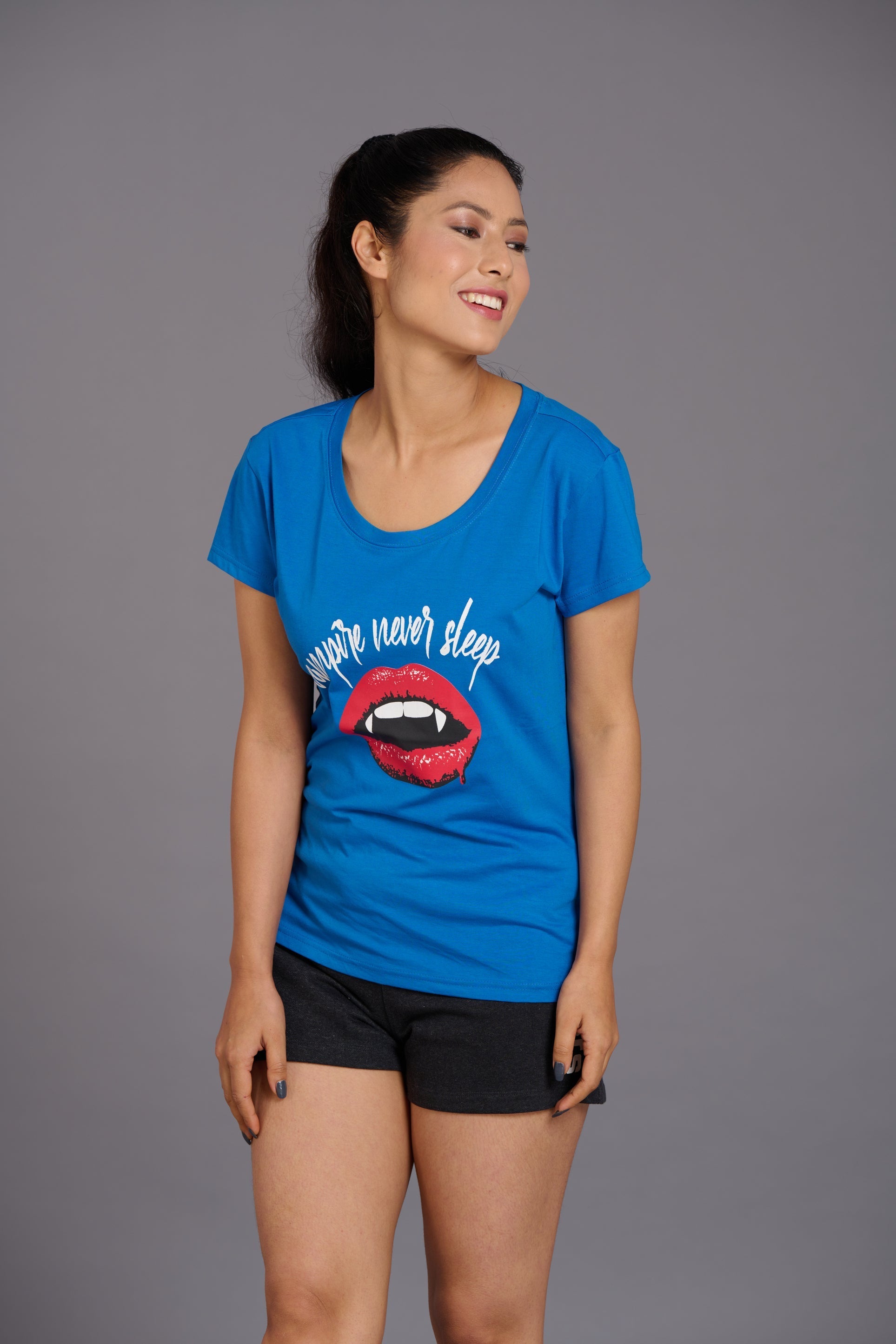 Vampire Printed Blue T-Shirt for Women