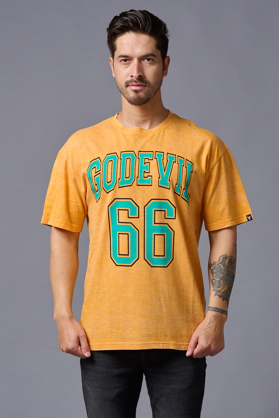 Go Devil 66 Printed Musturd Wash Print Oversized T-Shirt for Men