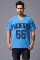Go Devil 66 Printed V-Neck Blue Cotton Oversized T-Shirt for Men