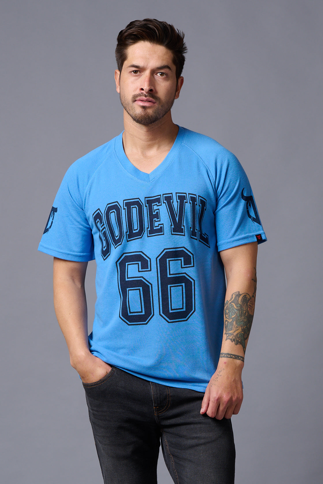 Go Devil 66 Printed V-Neck Blue Cotton Oversized T-Shirt for Men