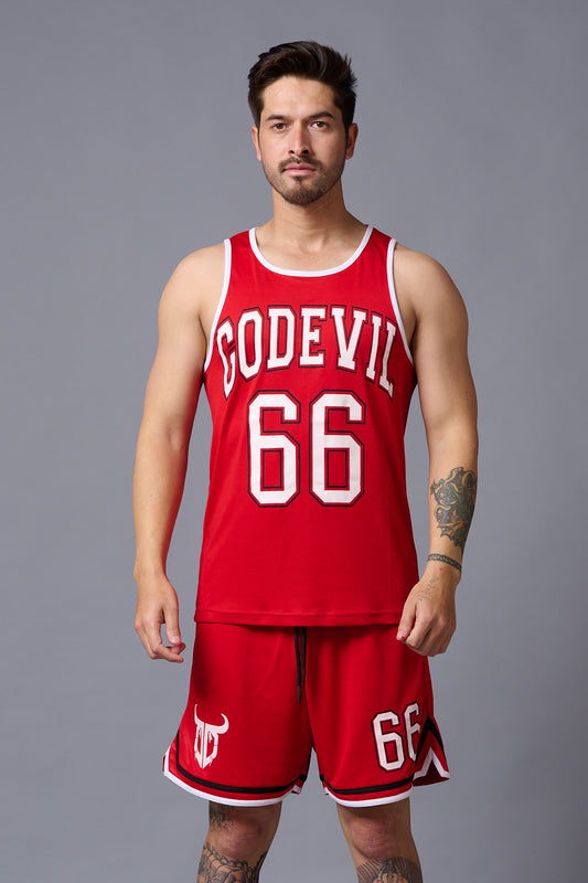 Go Devil 66 Printed Red Polyester Vest Co-ord Set for Men