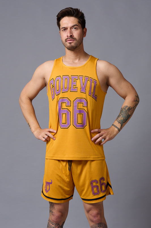 Go Devil 66 Printed Mustard Polyester Vest Co-ord Set for Men