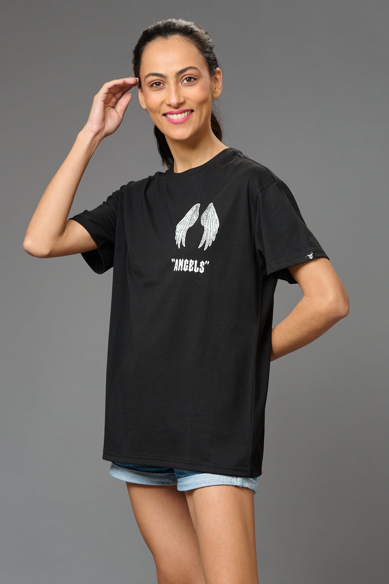Angels Printed Black Oversized T-Shirt for Women - Go Devil