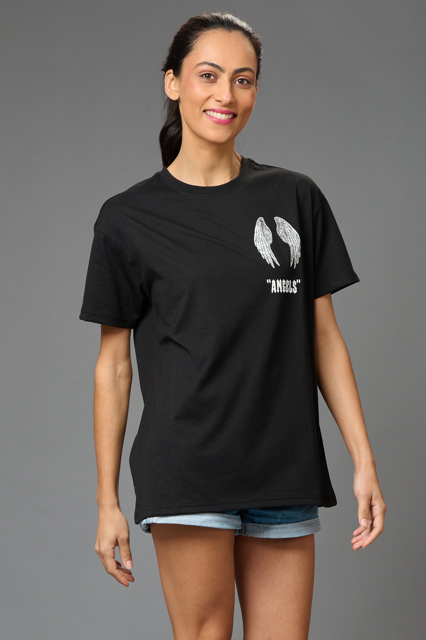 Angels Printed Black Oversized T-Shirt for Women - Go Devil