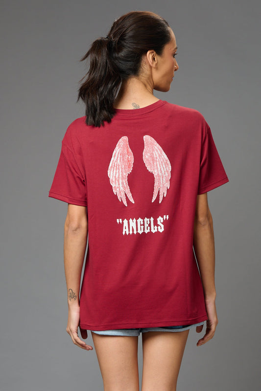 Angels with Wings Printed (on Black) Oversized T-Shirt for Women - Go Devil