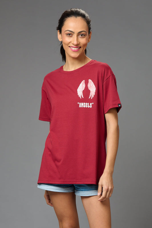 Angels with Wings Printed (on Black) Oversized T-Shirt for Women - Go Devil