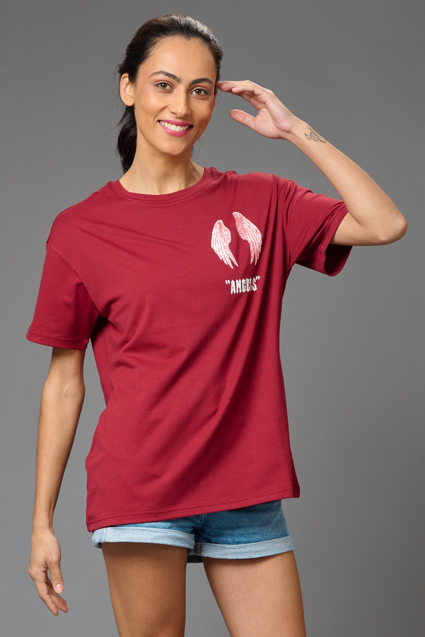Angels with Wings Printed (on Black) Oversized T-Shirt for Women - Go Devil