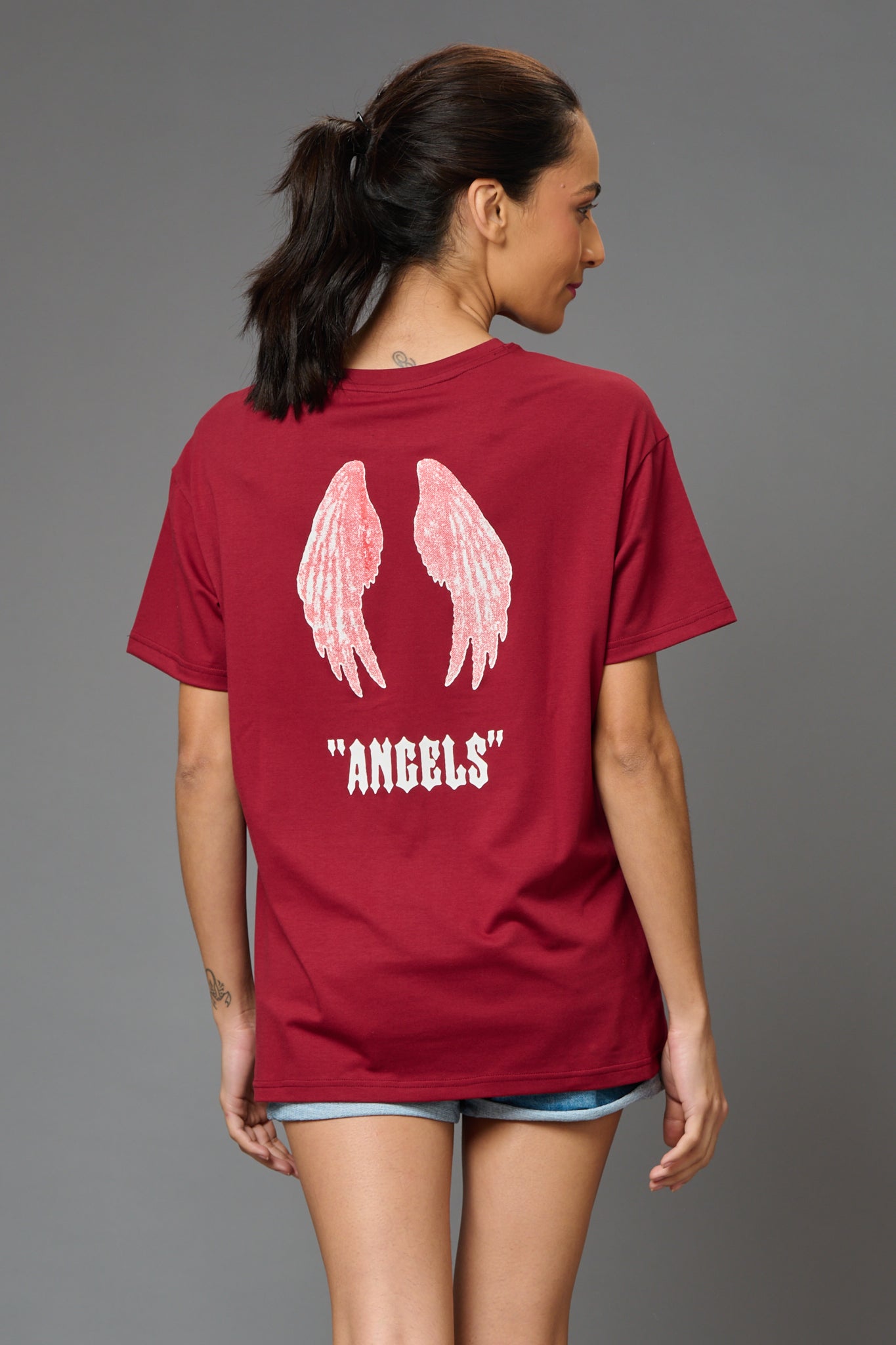 Angels with Wings Printed (on Black) Oversized T-Shirt for Women - Go Devil
