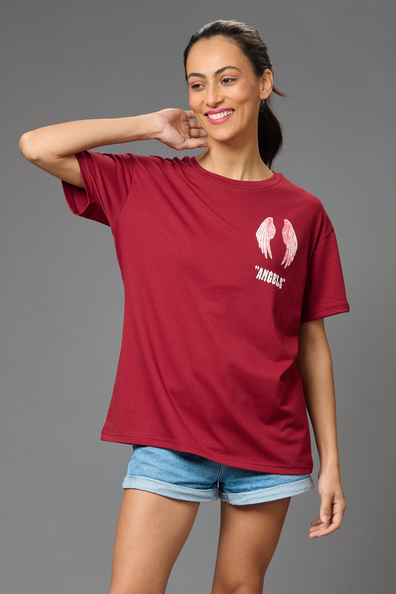 Angels with Wings Printed (on Black) Oversized T-Shirt for Women - Go Devil
