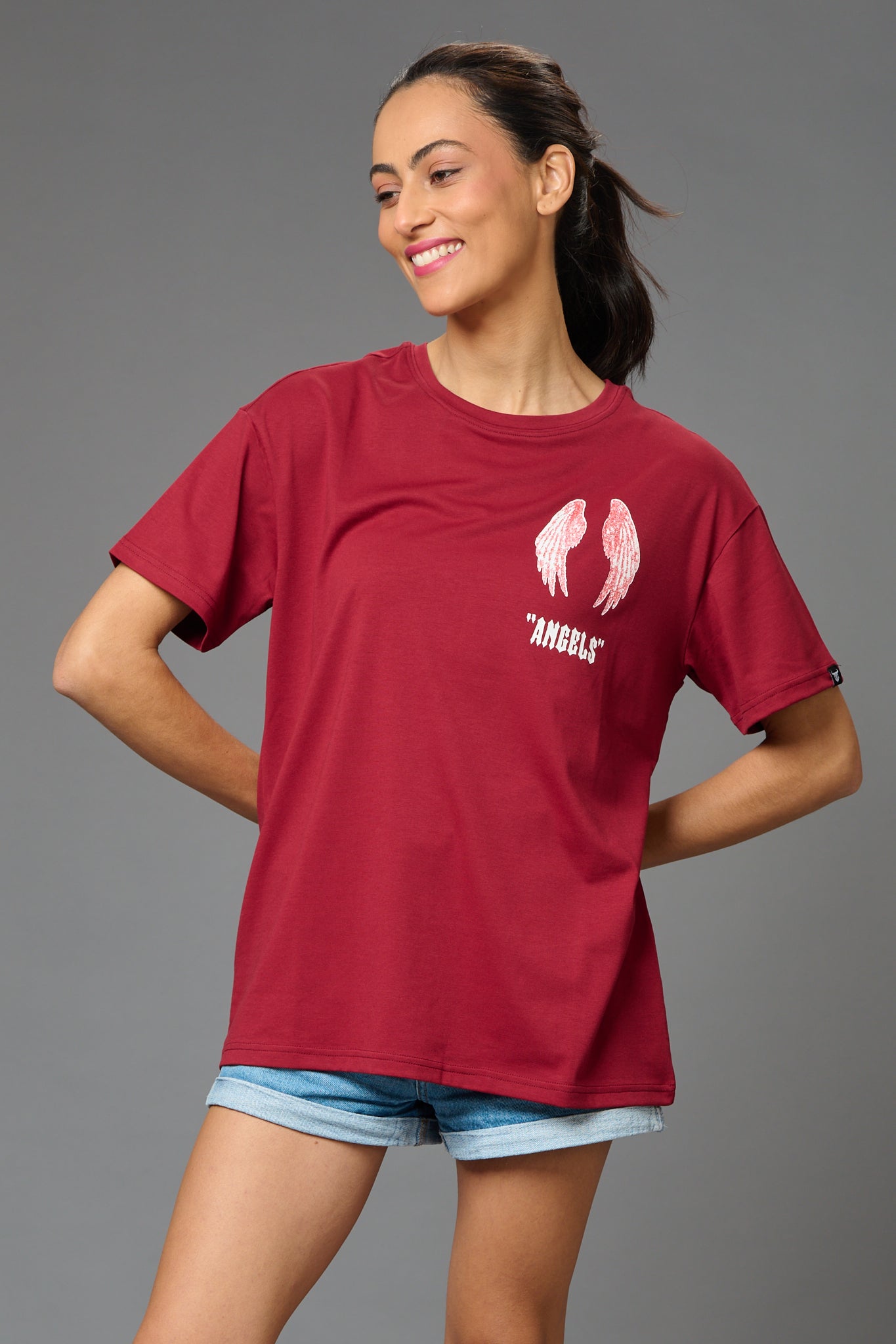 Angels with Wings Printed (on Black) Oversized T-Shirt for Women - Go Devil