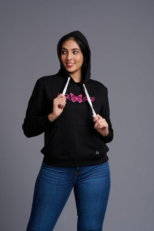Antisocial Butterfly Pink Printed Black Hoodie for Women by Go Devil - Go Devil