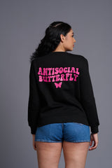 Antisocial Butterfly Printed Black Sweatshirt for Women - Go Devil