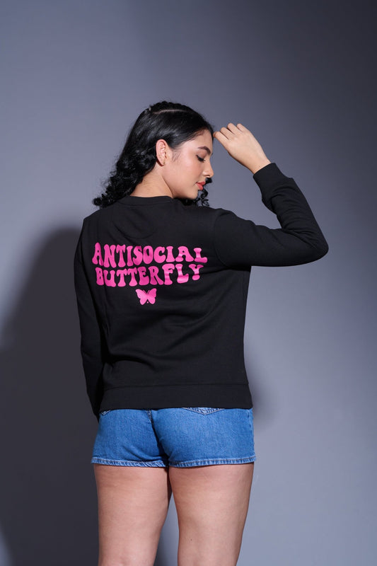 Antisocial Butterfly Printed Black Sweatshirt for Women - Go Devil