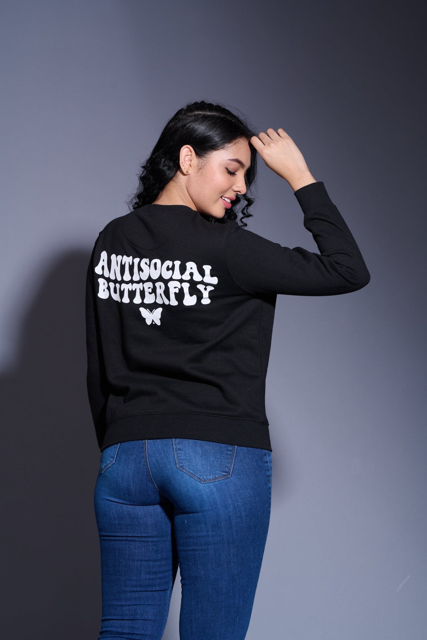 Antisocial Butterfly Printed Black Sweatshirt for Women by Go Devil - Go Devil