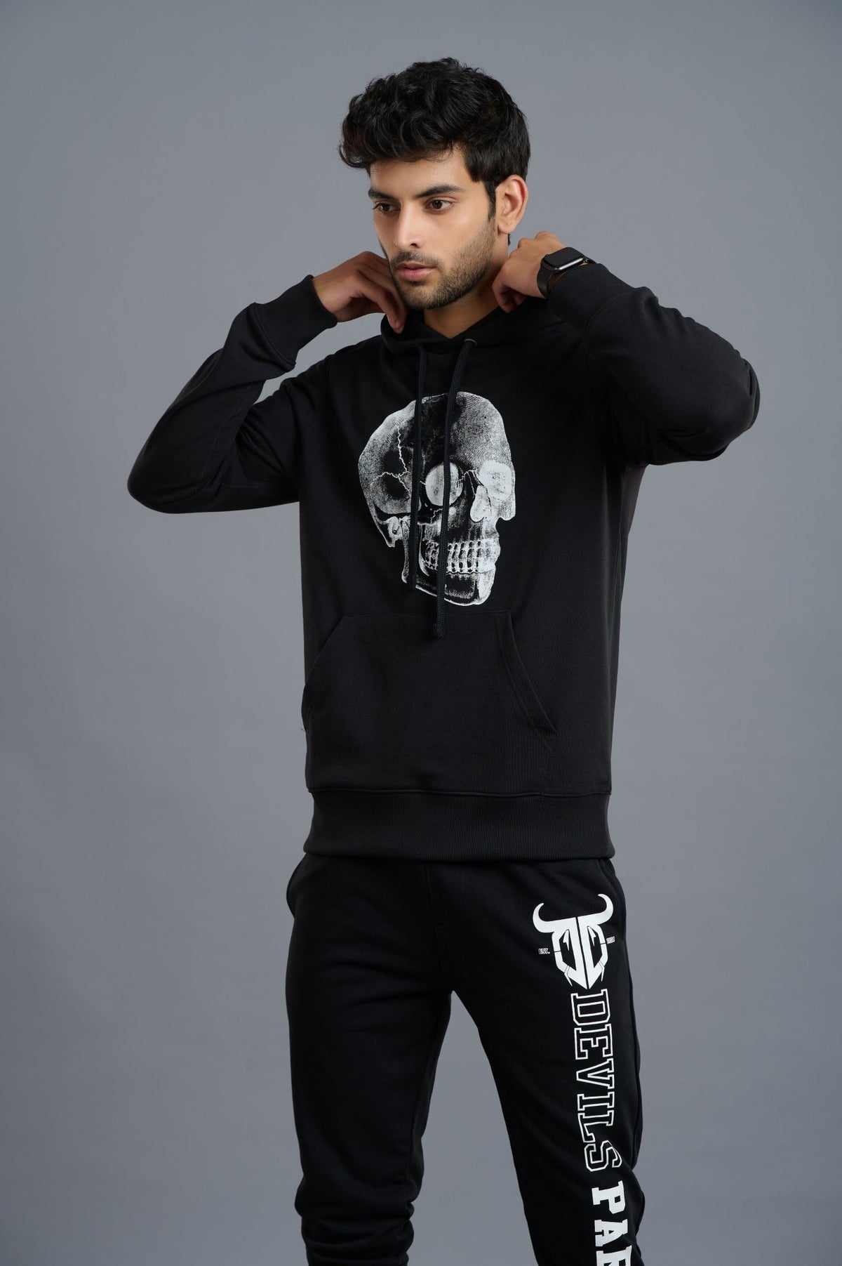 Black & White Skull Printed Hoodie for Men - Go Devil