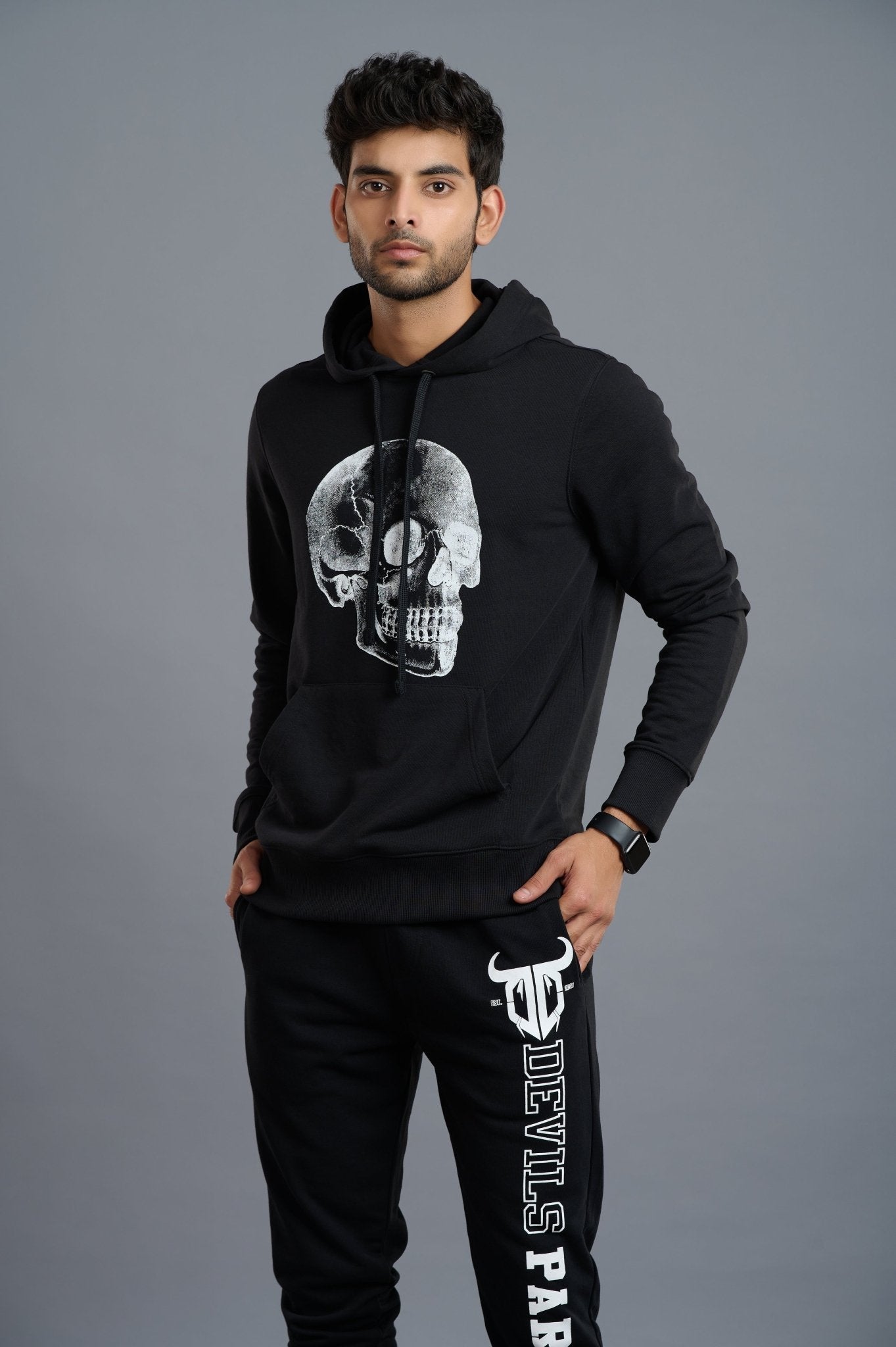 Black & White Skull Printed Hoodie for Men - Go Devil