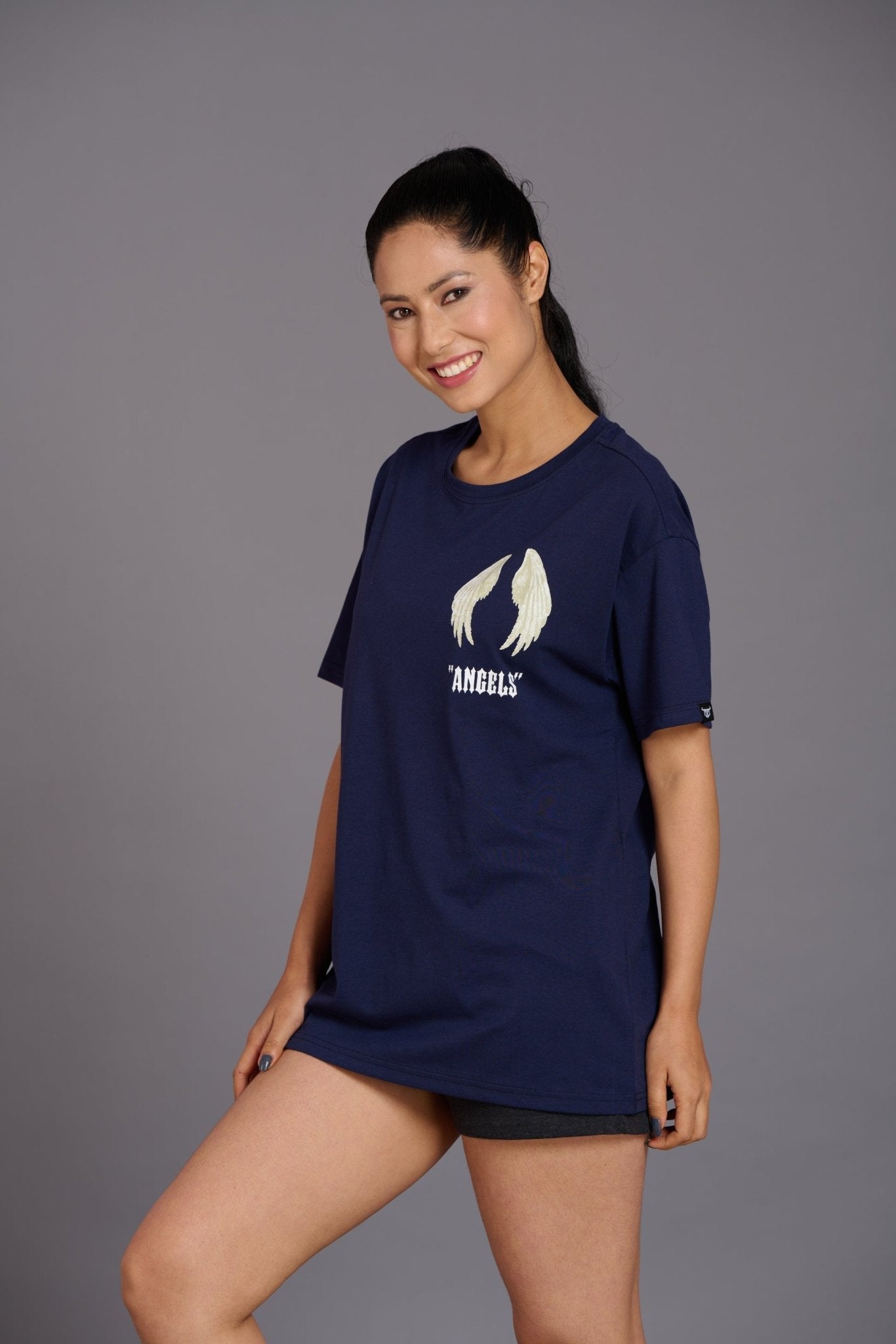 Blue Angel Wings Printed Oversized T-Shirt for Women - Go Devil