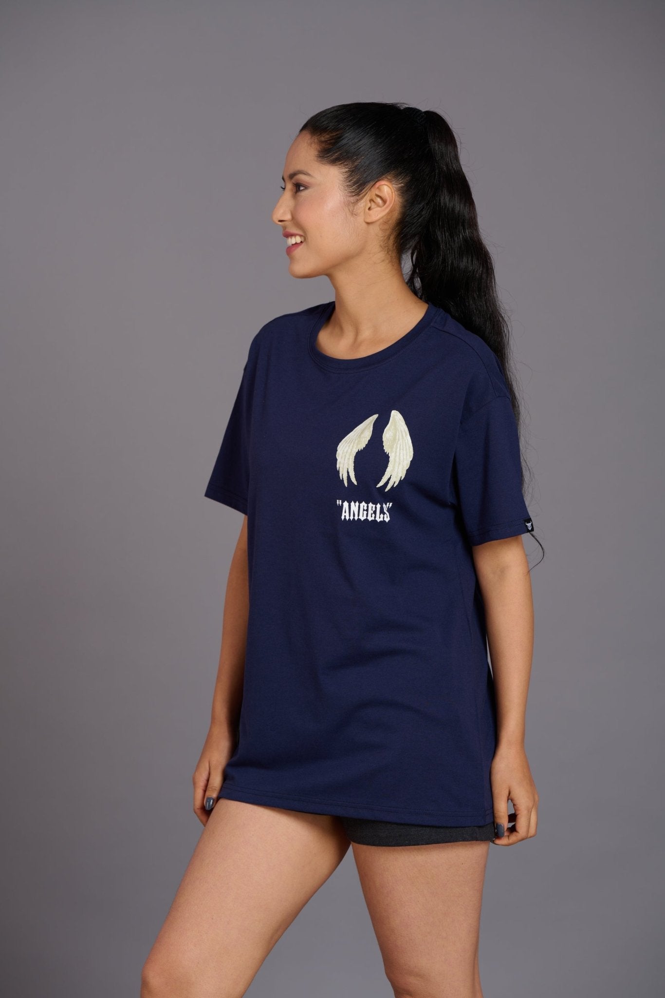 Blue Angel Wings Printed Oversized T-Shirt for Women - Go Devil
