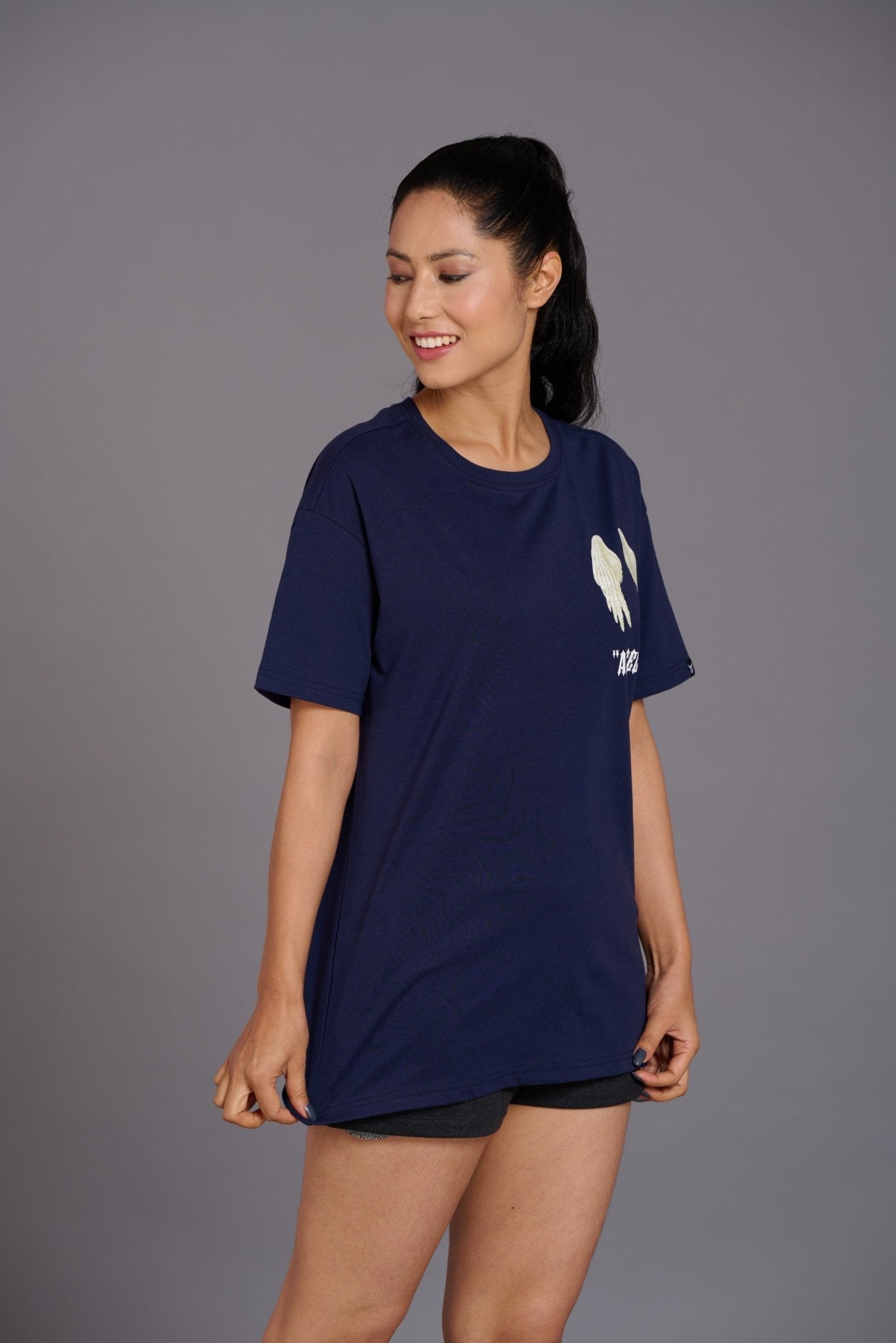 Blue Angel Wings Printed Oversized T-Shirt for Women - Go Devil