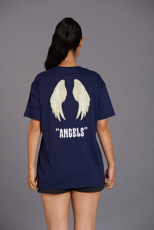Blue Angel Wings Printed Oversized T-Shirt for Women - Go Devil