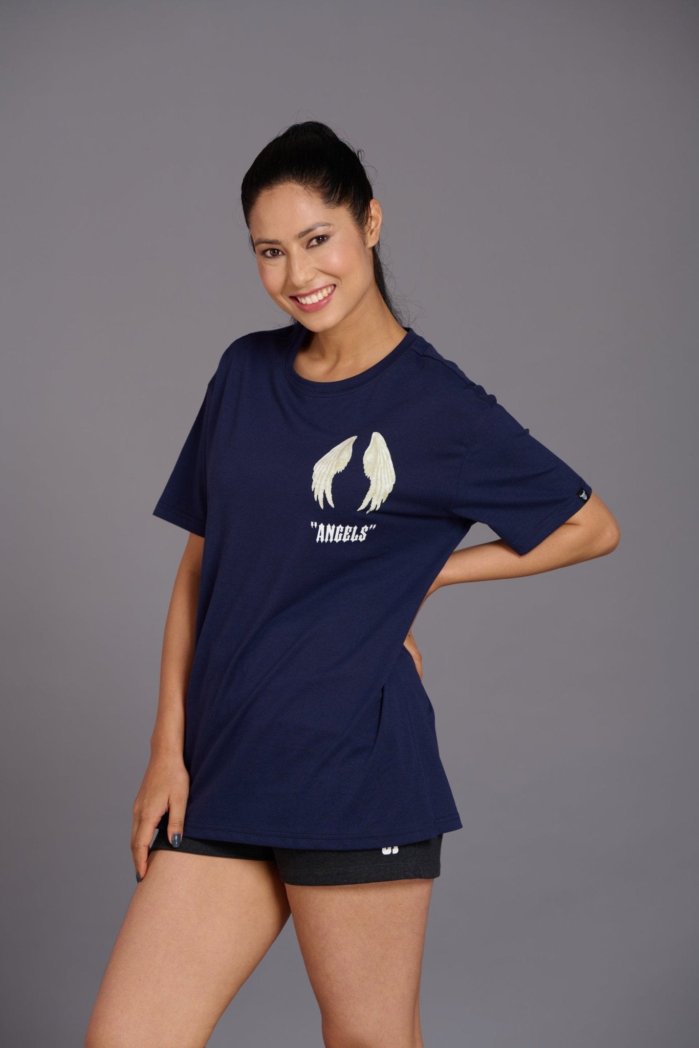 Blue Angel Wings Printed Oversized T-Shirt for Women - Go Devil