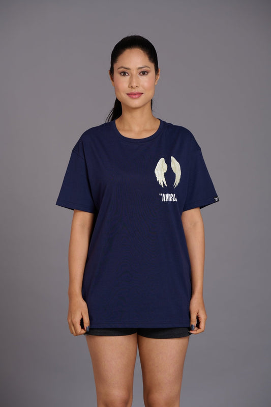 Blue Angel Wings Printed Oversized T-Shirt for Women - Go Devil